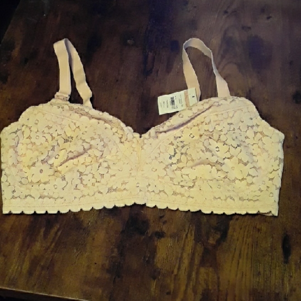 NWT Momande Nursing bra 38C Pink/creamy Tan Floral Lace Unpadded Wirefree Bra
